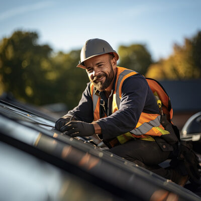 Worker installing solar panels on a roof.