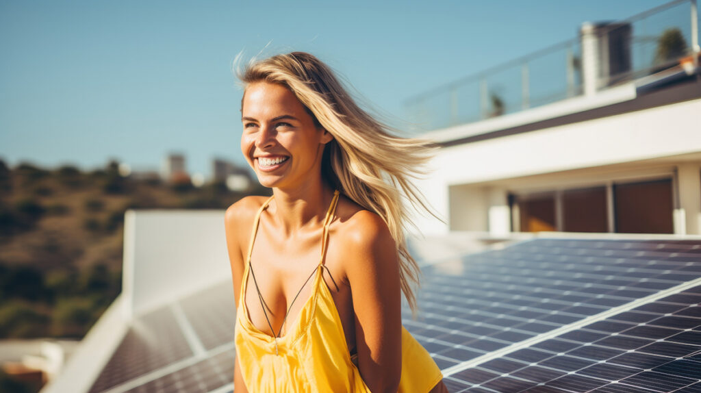 blond woman with home solar panel installation